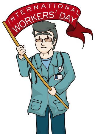 Old doctor in blue uniform celebrating Workers' Day with reminder message in his red flag.のイラスト素材