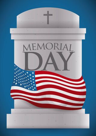 Tombstone with Memorial Day message and America flag around it.のイラスト素材