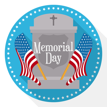 Memorial Day button with two pennants in both sides, commemorative gravestone in flat style and long shadow effect.のイラスト素材