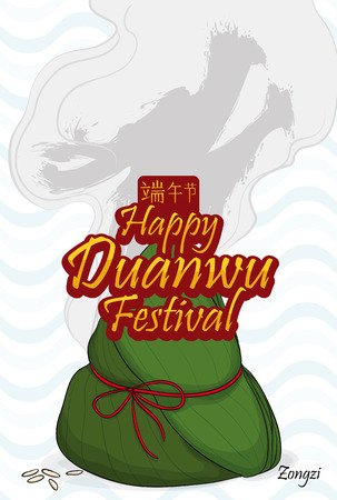 Fresh zongzi dumpling, steam like dragon form and wave pattern in the background commemorating Duanwu Festival.のイラスト素材