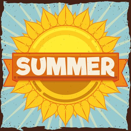 Seasonal summertime poster in retro style with sun shape, ribbon and summer message.のイラスト素材