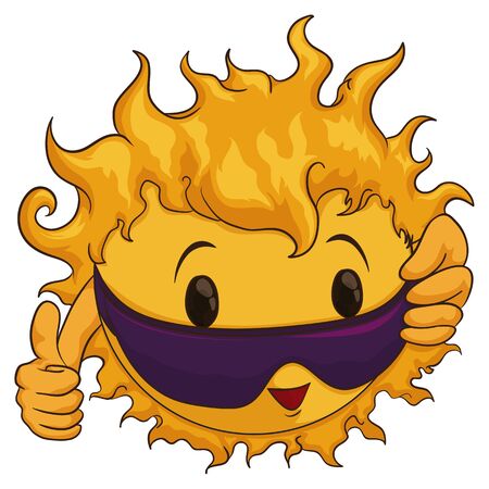Sun with cool sunglasses and happy for summer in cartoon style isolated and white background.のイラスト素材