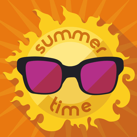 Flat design with sun wearing giant sunglasses for summertime vacations and long shadow.のイラスト素材