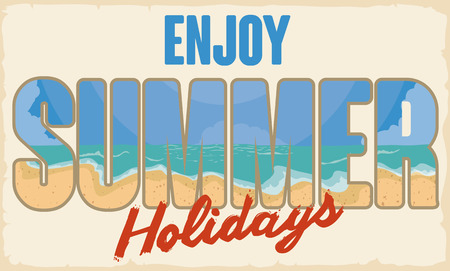 Summertime banner with greeting message and inside the letters there is a beauty view of a seaside beach.のイラスト素材