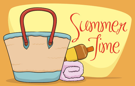 Banner with summer season elements: sunscreen lotion, soft towel and beach bag ready to being used in vacation time.のイラスト素材