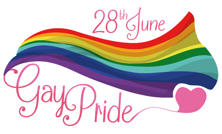 Colorful rainbow flag with heart, date reminder and greeting text for Gay Pride commemoration isolated in white background.のイラスト素材