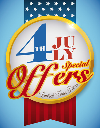 Patriotic button with ribbons like U.S. flag for Independence Day offers for July 4.のイラスト素材