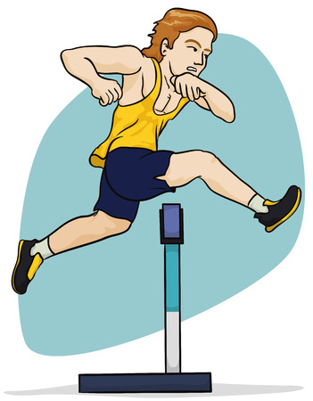 Young blond haired athlete jumping a obstacle in hurdling event.のイラスト素材