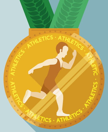 Golden medal with green ribbons and an athlete running in flat style and long shadow.のイラスト素材