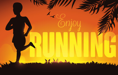 Summer sunset, in a park with a man running, birds and palm leaves in silhouettes with greeting text.のイラスト素材