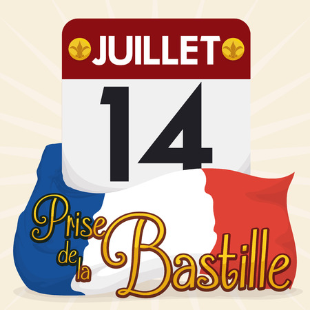 Loose-leaf calendar with France flag around it reminding you the Storming of Bastille date in July 14.のイラスト素材