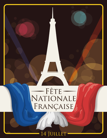Greeting postcard with night scene with lights and bokeh effect and Eiffel Tower silhouette commemorating Independence of France or Bastille Day.のイラスト素材