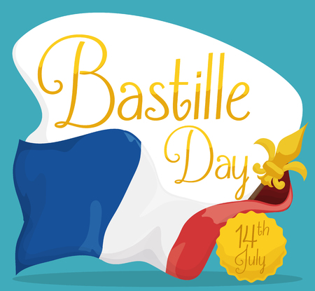 French flag with "fleur-de-lis" in the top of the flagpole and greeting Sign with golden text for Bastille Day in July 14.のイラスト素材