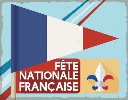 Tricolour pennant with a label with greeting text in French and fleur-de-lis in retro style to celebrate National Day of France.のイラスト素材