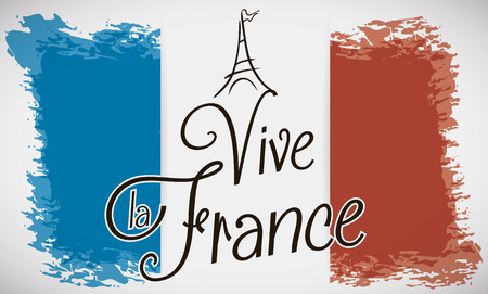 France flag in brushstroke design with greeting message (text in French) and little Eiffel Tower in the top of the greeting text.のイラスト素材