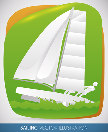 Sailing competition with a coupe of athletes in a sail boat close to the finish line.のイラスト素材