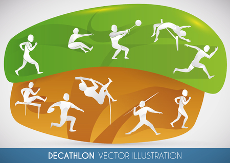 Decathlon design showing all disciplines played in the two-day competition: 100 metres, long jump, shot put, high jump, 400 metres, 110 metres hurdles, discus throw, pole vault, javelin throw, 1500 metres.のイラスト素材