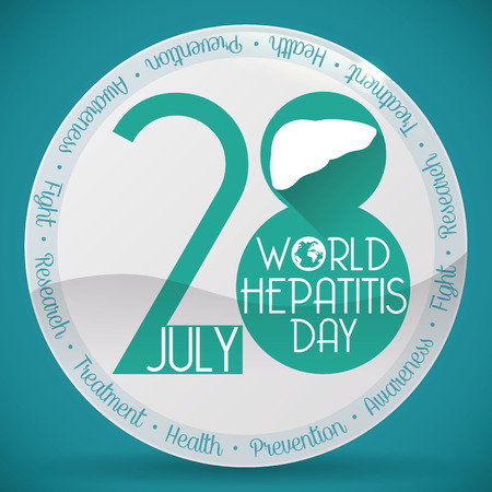 Commemorative glossy round button for World Hepatitis Day with the precepts in prevention, diagnosis and treatment of this disease.のイラスト素材