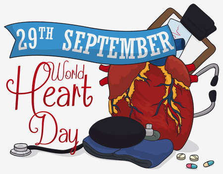 Design with a model of human heart with sphygmomanometer, stethoscope, pills, ribbon with reminder date, clipboard and cardiogram in commemoration for World Heart Day.のイラスト素材