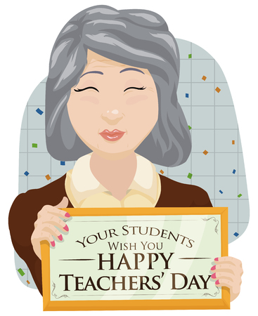 Smiling and proud female professor celebrating Teachers' Day with a placard from her students for her labor as educator.のイラスト素材