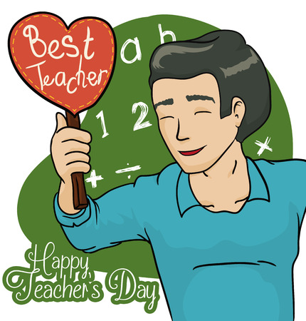 Happy teacher celebrating Teacher's Day with a cute handmade gift in shape heart from his students in the classroom.のイラスト素材