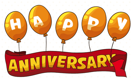 Cartoon poster with yellow balloons for the anniversary party holding with it's rope a red ribbon with greeting message.のイラスト素材