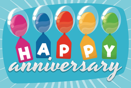 Design with colorful double bubble balloons hanging labels for the Anniversary event.のイラスト素材