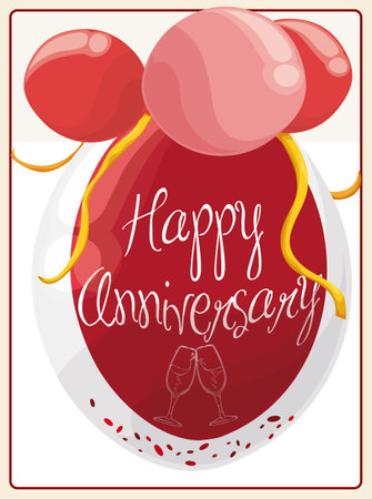 Double bubble balloon and confetti inside in red colors and golden ribbons for a special anniversary event.のイラスト素材
