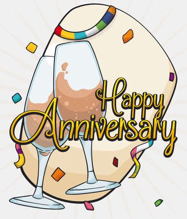 Poster with a pair of elegant wine glasses for the Anniversary party with streamers and confetti.のイラスト素材
