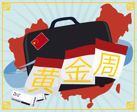 Poster with China's map in background with a travel bag and some plane tickets with calendar's loose-leaves commemorating Golden Week (written in simplified Chinese).のイラスト素材