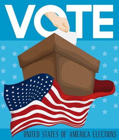 American design inviting you to vote in next elections with a cardboard ballot box with U.S.A. Flag around it and hand putting its ballot paper.のイラスト素材