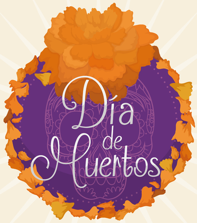 Cempasuchil (or marigold flower) petals around a floral button with Mexican traditional skull commemorating "Dia de Muertos" (translate from Spanish: "Day of the Dead") celebration.のイラスト素材