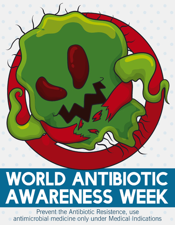 Poster with super bacteria destroying the medical barriers in a call to action in World Antibiotic Awareness Week to create a responsible habit in the use of antimicrobial medicine.のイラスト素材