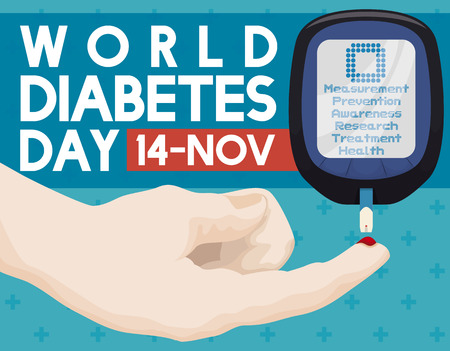 Poster with electronic glucometer and pricked finger ready to take control of glucose level in World Diabetes Day commemoration.のイラスト素材