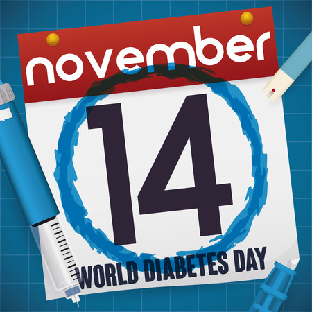 Loose-leaf calendar with date for World Diabetes Day and a insulin injection, lancet spare parts and test strip for glucometer.のイラスト素材