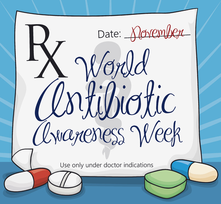 Poster with some antibiotics close to medical prescription with greeting message for World Antiobiotic Awareness Week in November.のイラスト素材