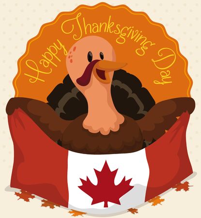 Happy Turkey holding Canadian flag celebrating Thanksgiving Day over autumnal leaves.のイラスト素材