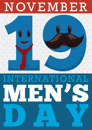 Poster with reminder date for International Men's Day with funny number nineteen disguised with mustache and necktie characters.のイラスト素材