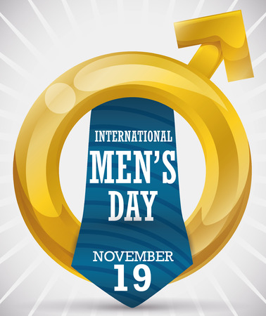 Poster with shiny golden male's symbol decorated with a blue tie with greeting message and reminder date of International Men's Day.のイラスト素材