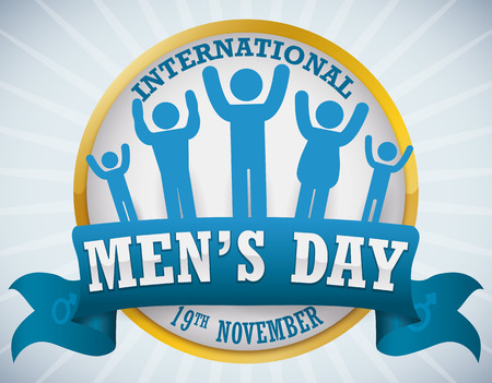 Commemorative golden button with masculine pictograms decorated with a blue ribbon for International Men's Day.のイラスト素材