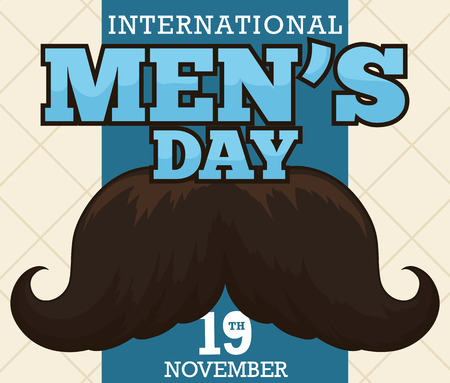 Postcard with dark mustache over a beige background and blue ribbon with greeting message for International Men's Day.のイラスト素材