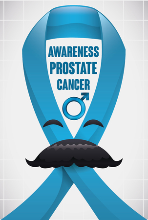 Poster with cute smiling sky blue ribbon with mustache promoting awareness and prevention of Prostate Cancer.のイラスト素材