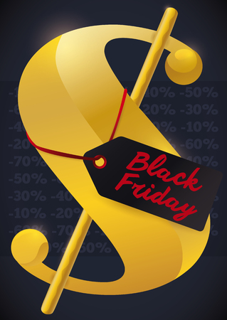 Poster with giant golden money symbol with a discount label of Black Friday and offers in the background.のイラスト素材