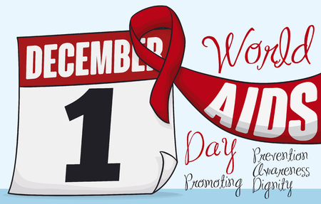 Postcard with loose-leaf calendar and red ribbon with reminder date of World AIDS Day in December 1.のイラスト素材