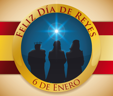 Commemorative golden round button with the silhouette of the Three Magi following the Bethlehem's star commemorating Epiphany (orのイラスト素材