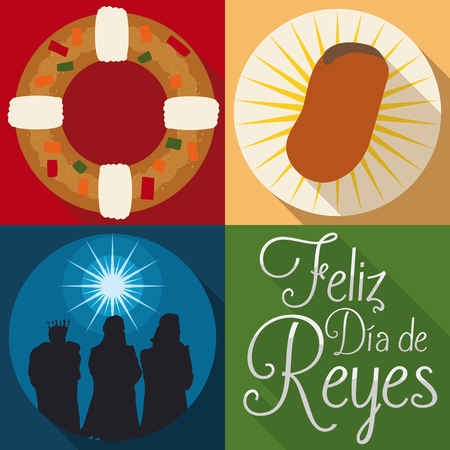Poster in flat style with traditional elements and characters for Spanishのイラスト素材