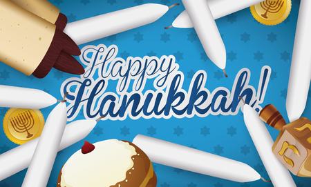 Banner with traditional Hanukkah elements: candles, scroll, sufganiyot, dreidel and gelts scattered all over a greeting message and starry background.のイラスト素材