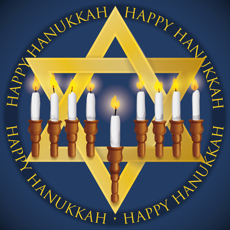 Poster with a golden David's star like candelabrum with nine candles and greeting text around it commemorating Hanukkah holidays.のイラスト素材