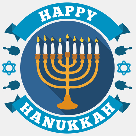 Poster in flat style and long shadow for Hanukkah with a chanukah with white candles, greeting ribbons around, David's stars and dreidels silhouettes.のイラスト素材