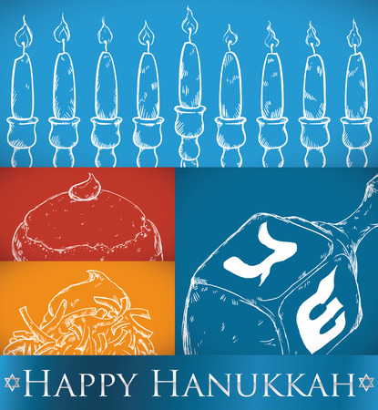Poster with representative elements and some delicious dishes for Hanukkah: Chanukiah candles, dreidel (spinning top), sufganiyah (a type of doughnut) and latke (fried potato pancake).のイラスト素材